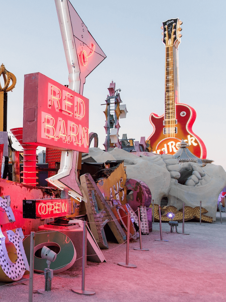 Neon signs and vintage decor at quest for directions in Las Vegas, Nevada, highlighting iconic roadside attractions.