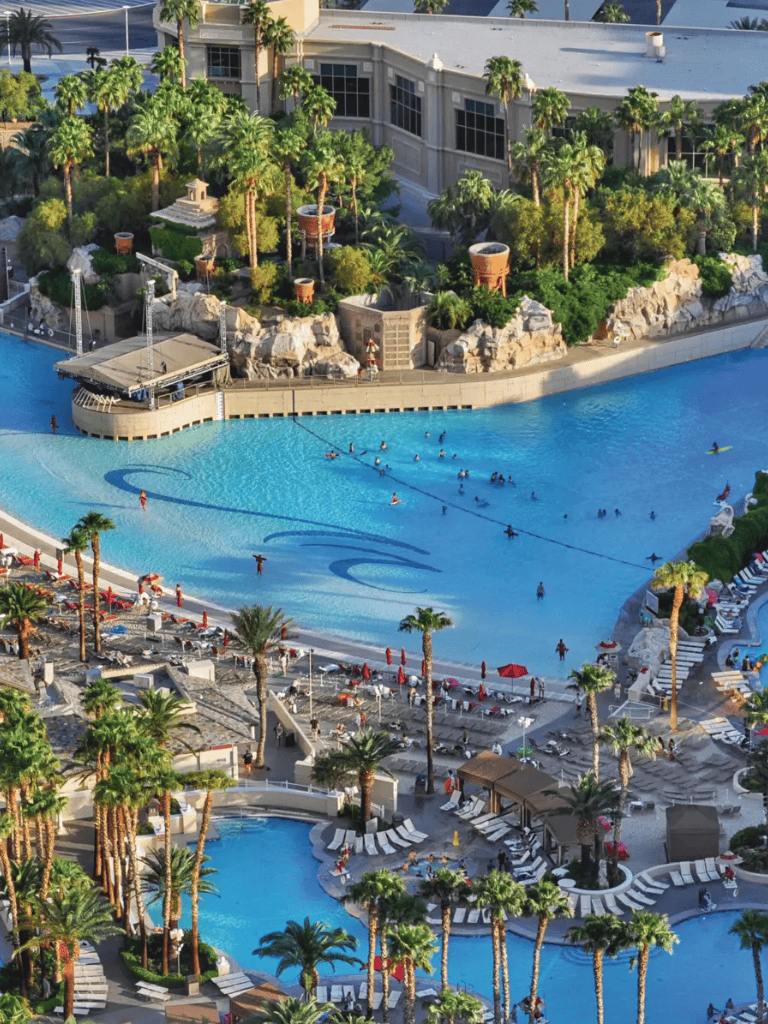 Large water park pool area surrounded by palm trees and lounge chairs, perfect for family fun and relaxation.