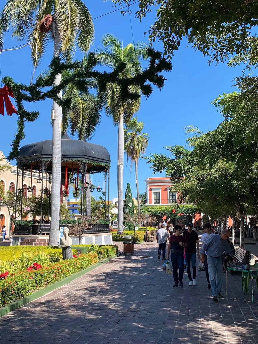 Colorful outdoor town square with palm trees and a festive carousel, vibrant atmosphere perfect for family visits.