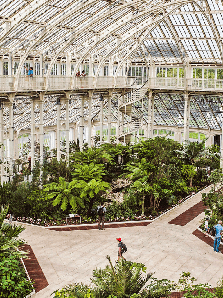 Lush indoor botanical garden with glass conservatory and spiral staircase, visitors explore nature.