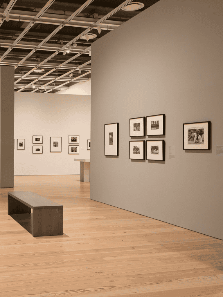 Modern art gallery interior showcasing black and white photographs on clean, neutral walls.