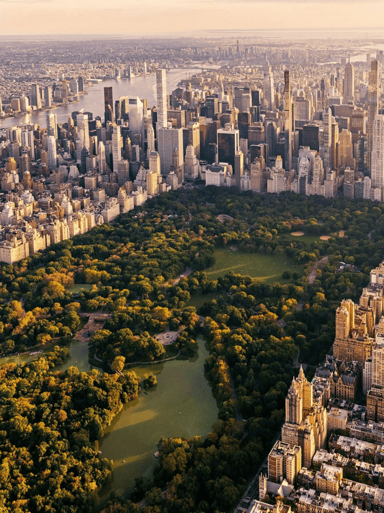 Aerial view of Central Park in New York City with surrounding skyscrapers and urban landscape.