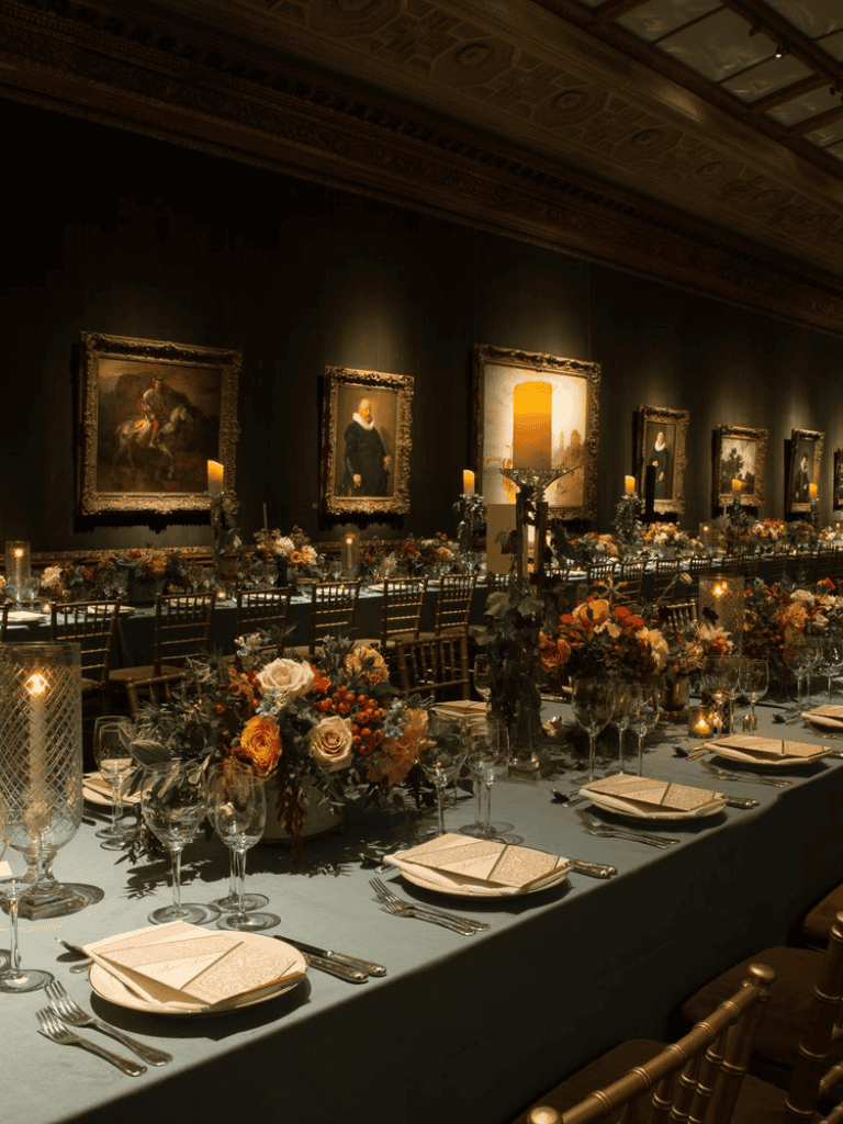 Elegant event venue with ornate paintings and sophisticated floral table settings.