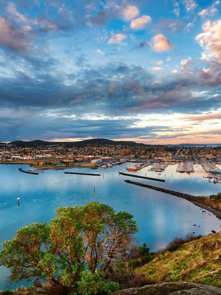 Beautiful coastal cityscape with marina and vibrant sky at sunset.