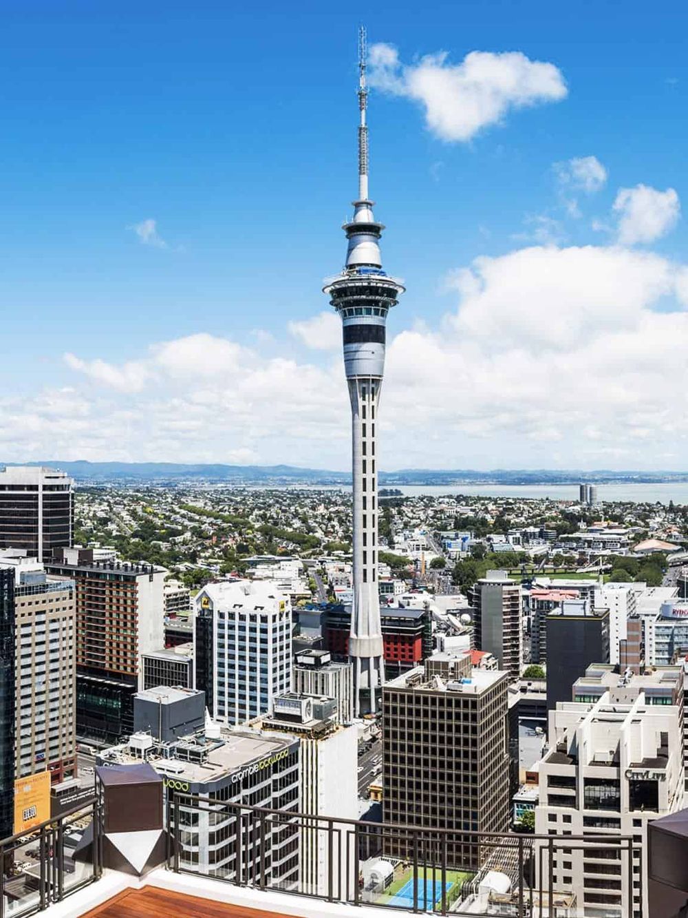 Breathtaking view of Auckland Sky Tower overlooking city skyline and harbor.
