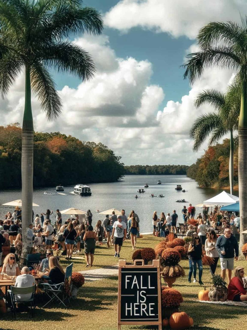 Relaxing river scene with boats, fall decor, and outdoor gathering, ideal for nature and travel enthusiasts.