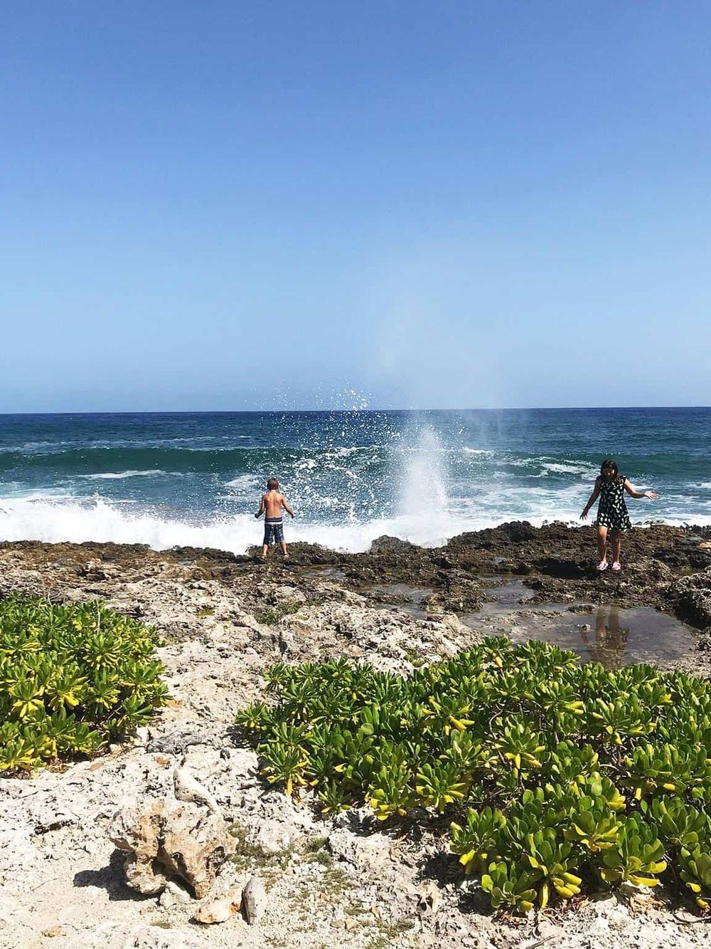 Children enjoying seaside rocks and ocean waves in sunny coastal scenery.