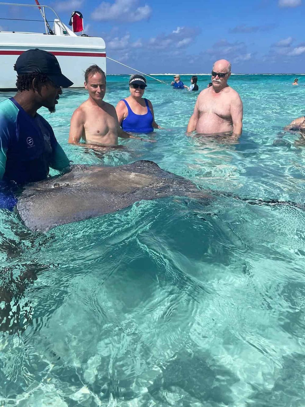 People snorkeling with a nurse shark in clear turquoise waters, guided by an instructor, with a boat in the background.