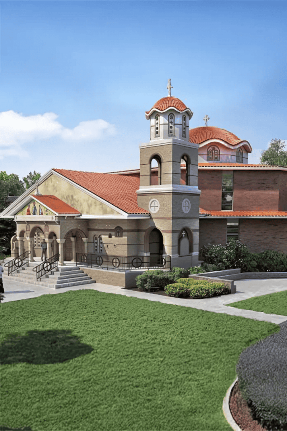 Beautiful church with classic architecture and vibrant landscaping, ideal for religious and community gatherings.