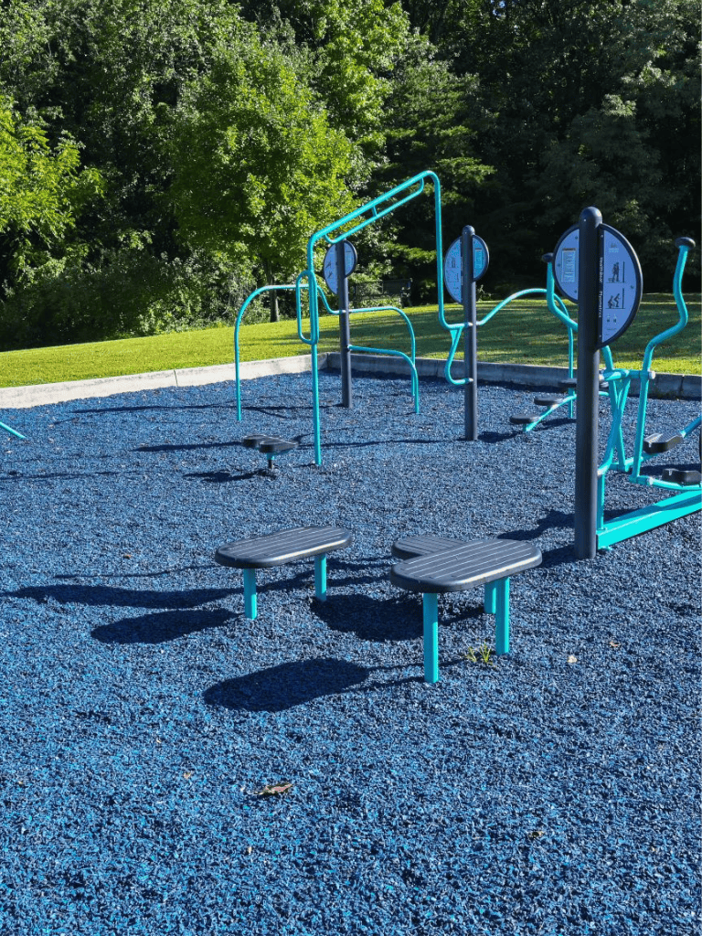 Outdoor fitness equipment park for strength training and exercise, eco-friendly design for community health.