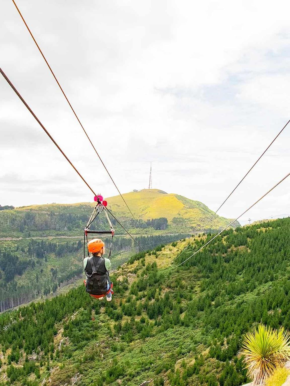 Adventure zip lining over lush green mountains with scenic views and guided outdoor activity.