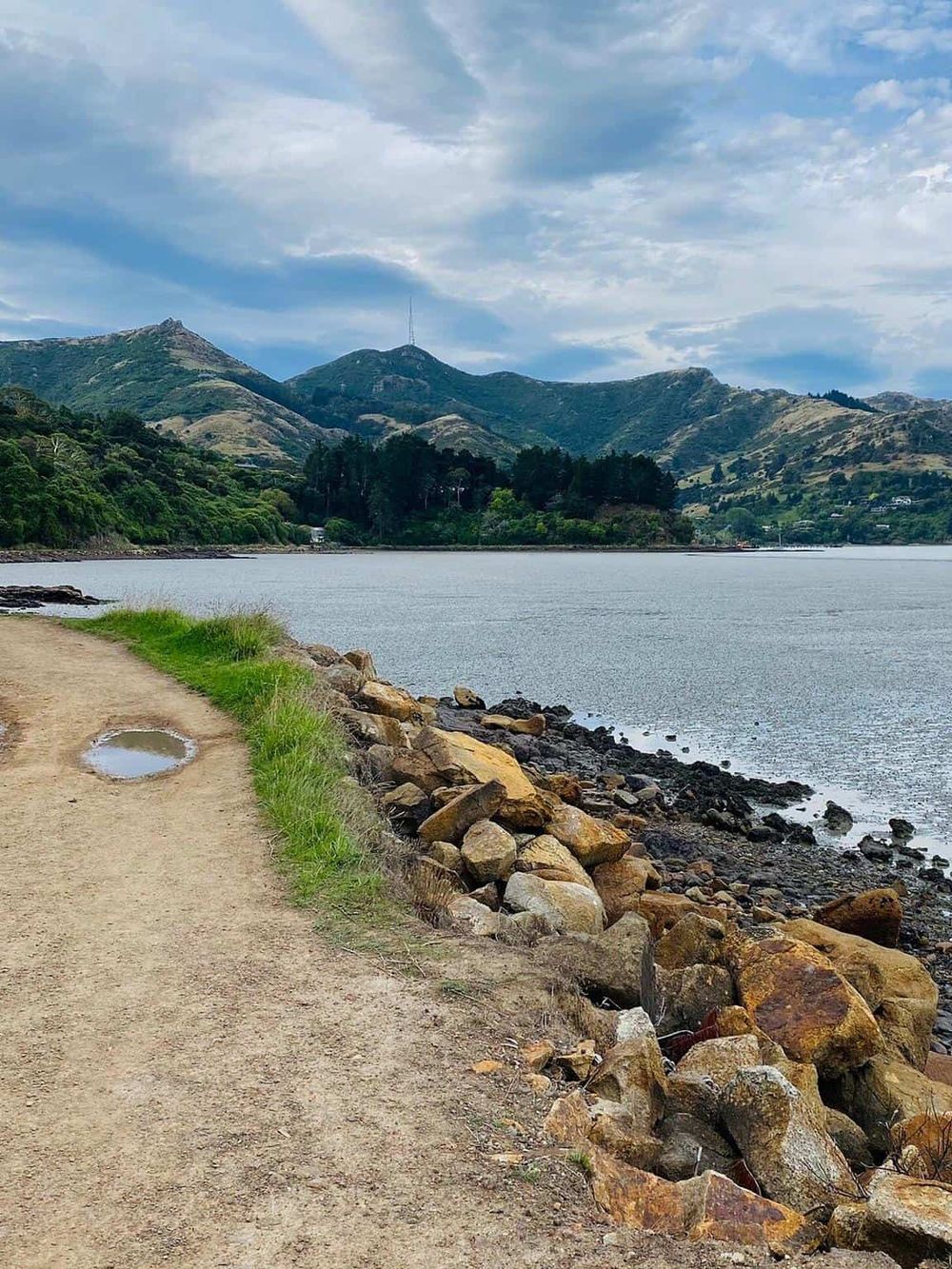 Tranquil lakeside trail with scenic mountain views and lush greenery, perfect for outdoor adventures.