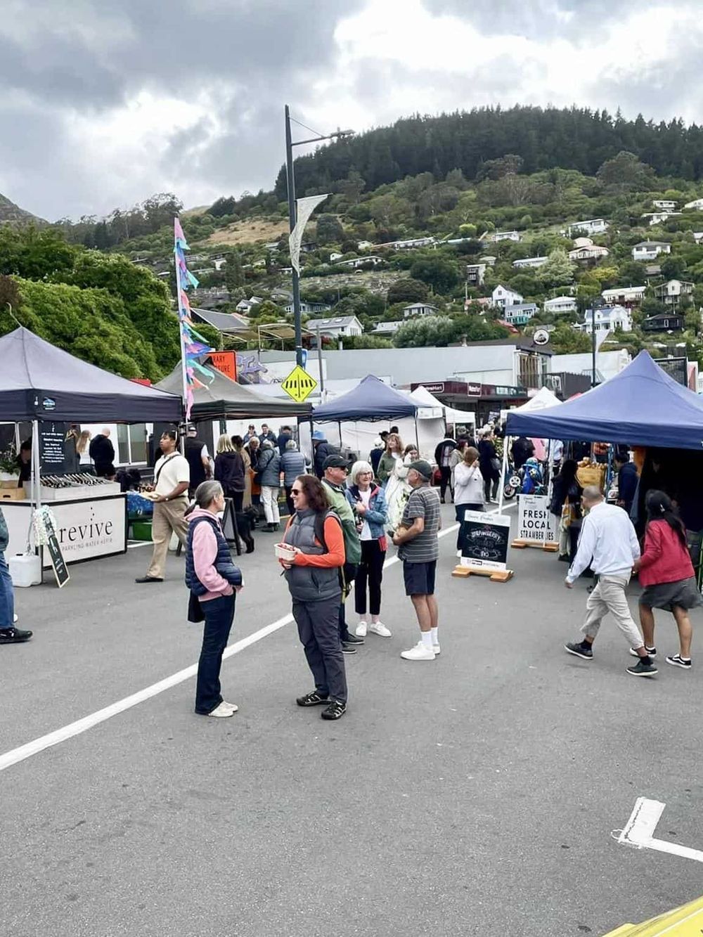 Vibrant outdoor farmers market bustling with visitors, set against scenic hillside with residential homes.