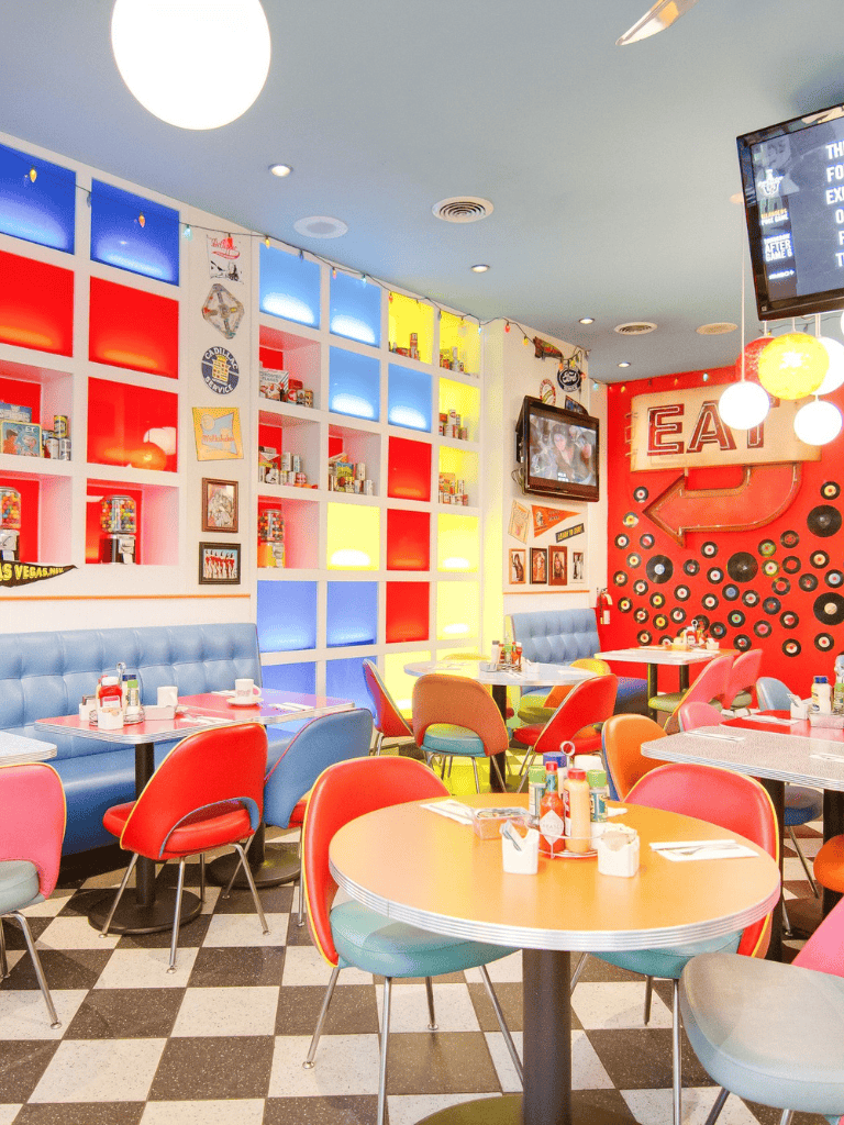 Vibrant retro restaurant interior with colorful seating and nostalgic decor for memorable dining experiences.