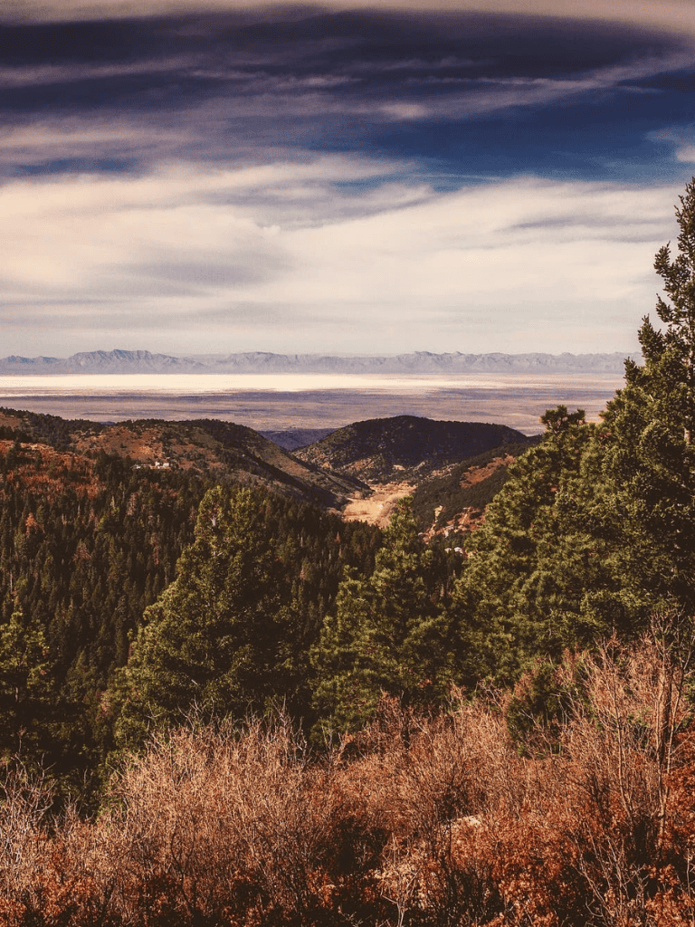 Vast mountain landscape with lush green trees and dramatic sky over desert valley in Utah.