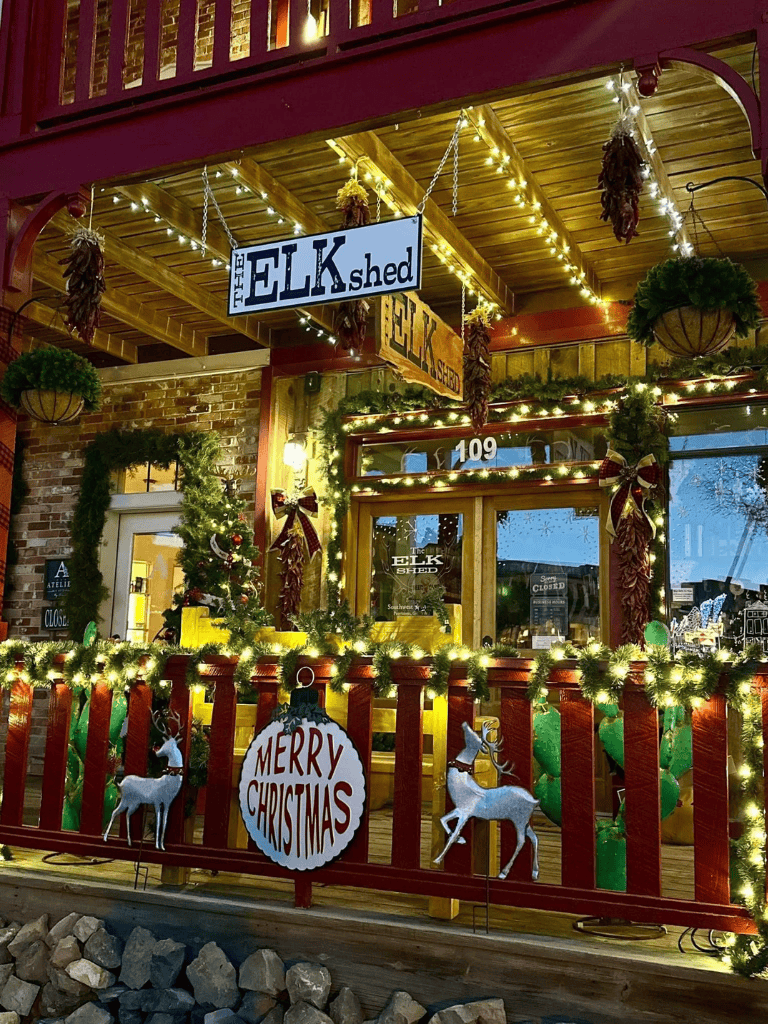 ELK Shed Christmas Lights Decor, Festive Holiday Display, Winter Community Spirit.
