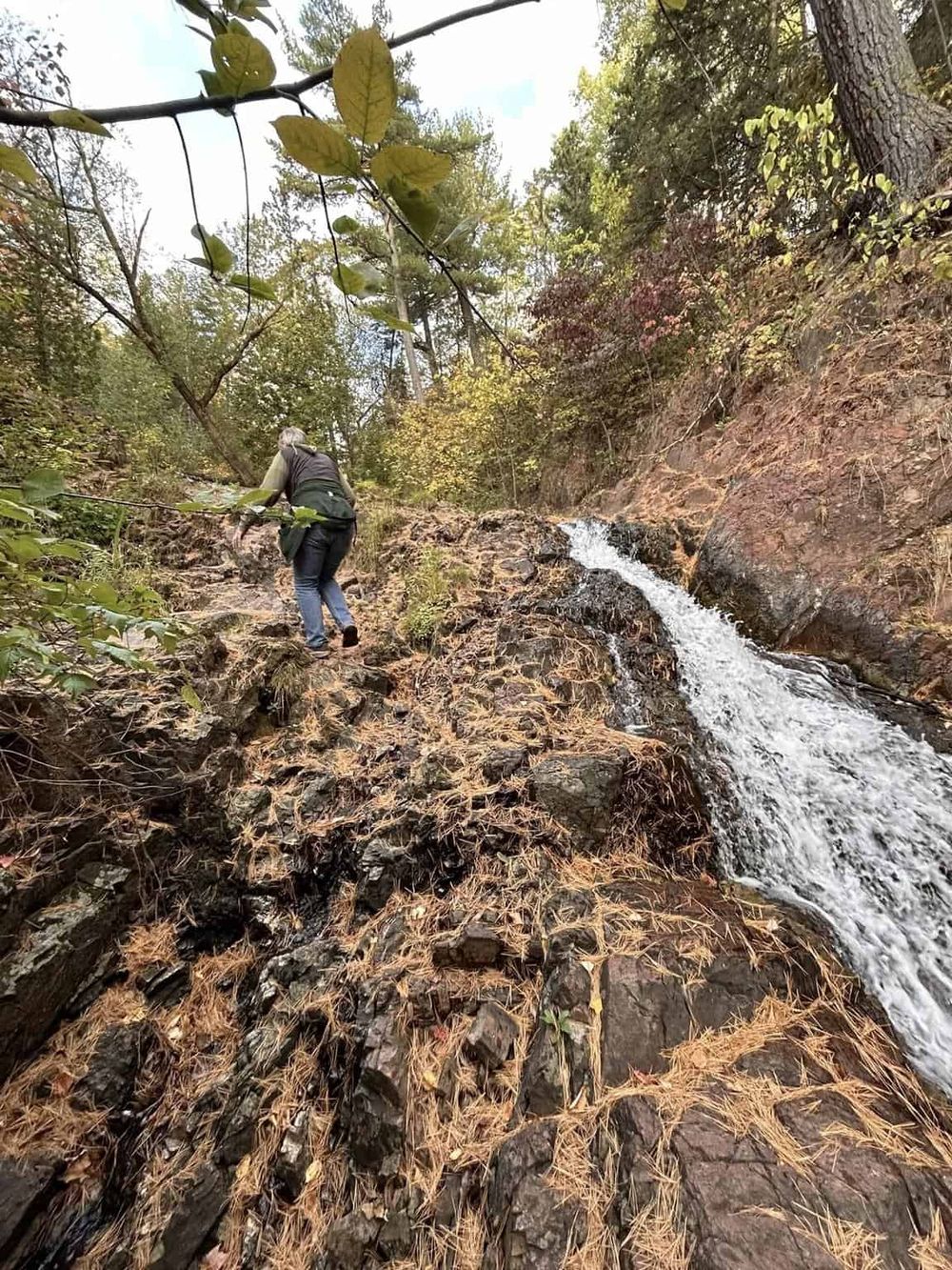 Hiker climbing a rocky trail near a small waterfall, surrounded by dense fall foliage and tall trees.
