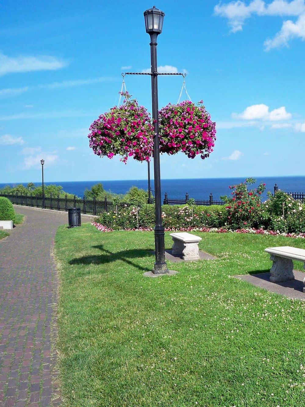 Colorful flower planters hanging from a street lamp on a scenic waterfront park.