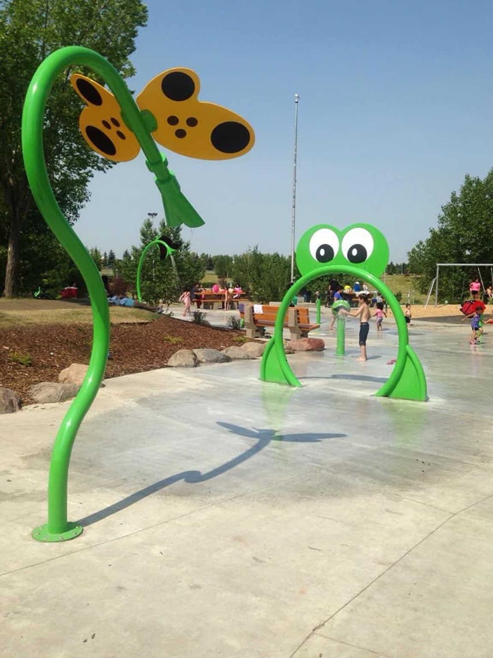 Colorful frog and butterfly splash pad with children playing at outdoor park for family fun.