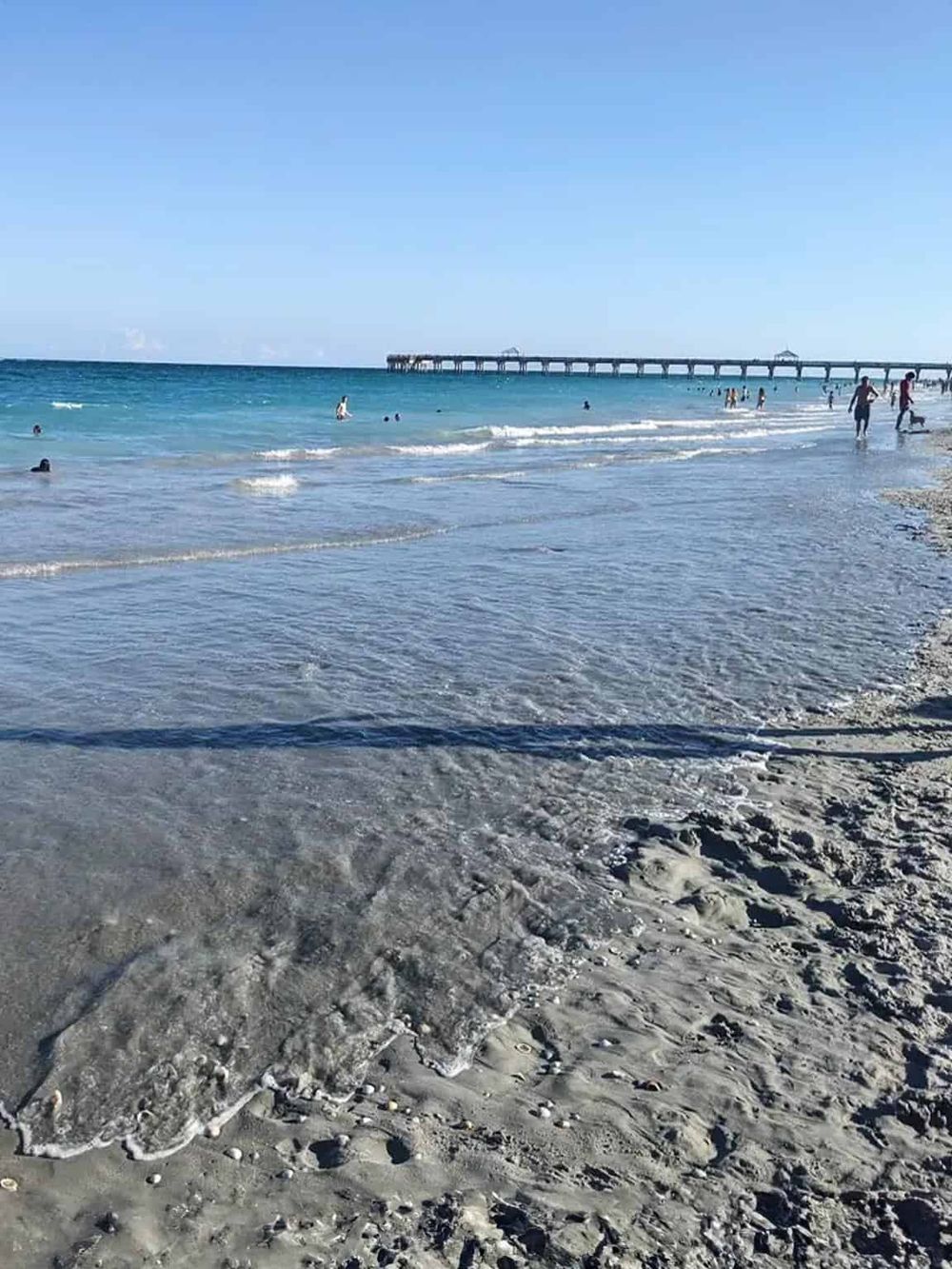 Calm beach with pier and people enjoying the ocean, clear blue sky, relaxing seaside atmosphere.