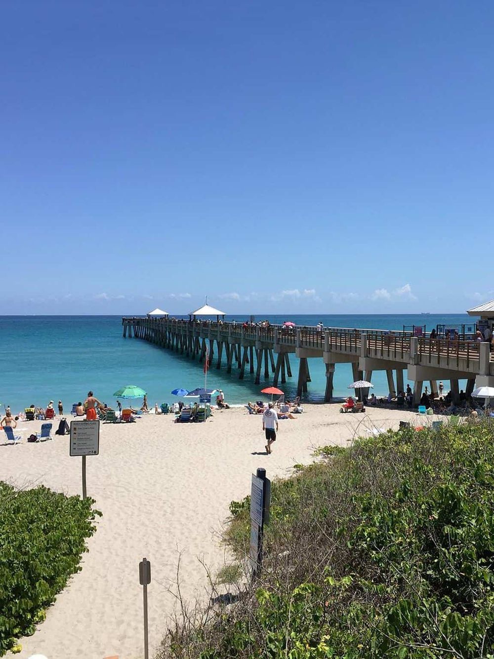 Scenic beach with pier, umbrellas, and visitors enjoying sunny day, perfect travel destination for relaxation and seaside adventure.