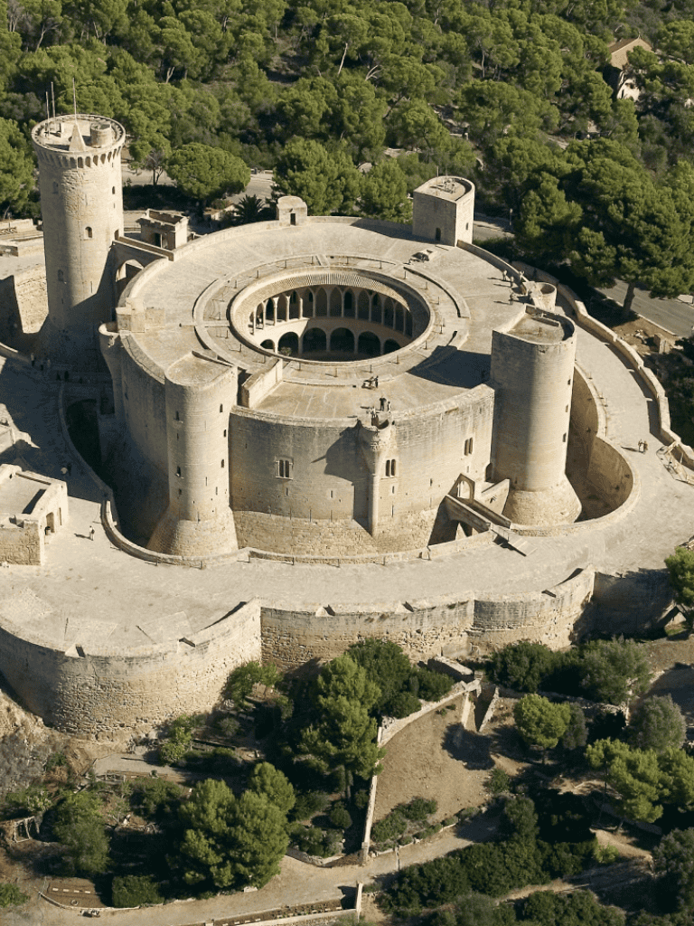 Ancient castle with circular moat and towers surrounded by lush greenery, showcasing medieval architecture.