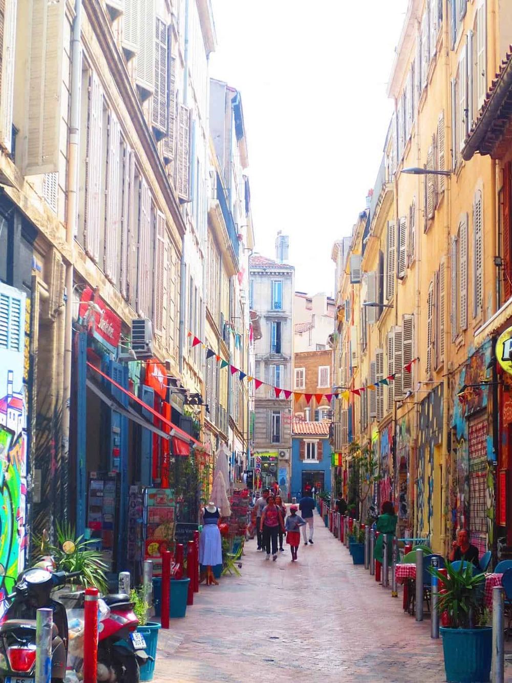 Colorful European street scene with shops and cafes, perfect for exploring on QuestForDirections.