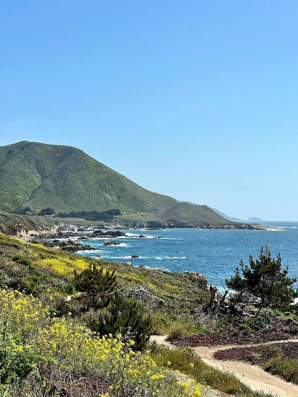 Scenic coastal landscape with lush green hills, rocky shoreline, and blue ocean on a clear day.