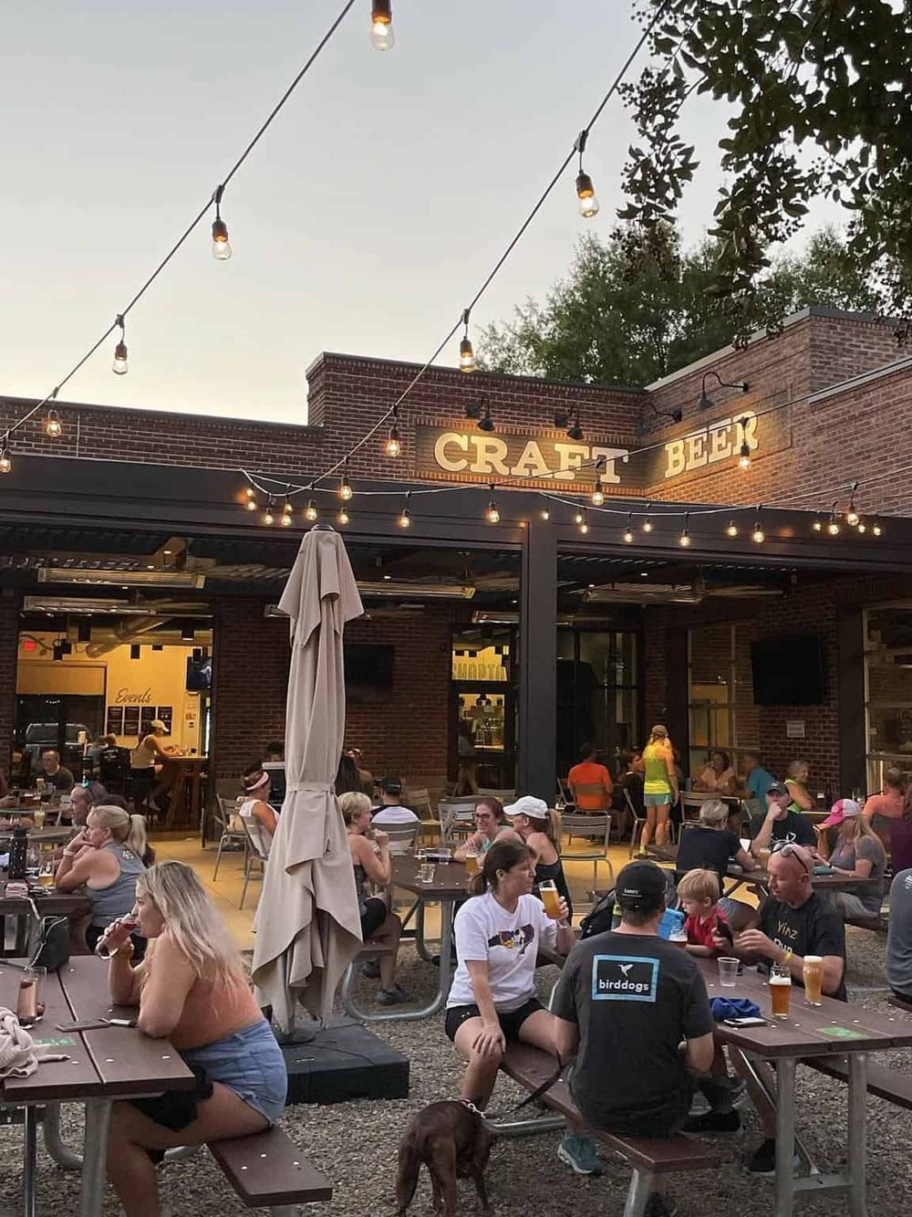 Outdoor craft beer garden with people enjoying drinks and socializing under string lights.