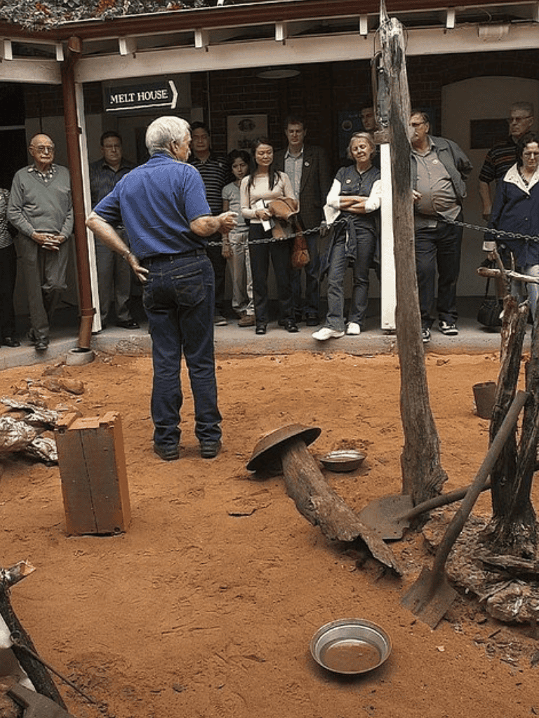 Old fire lookout tower reconstruction demonstration with guided instructions, attracting a curious group of diverse spectators.