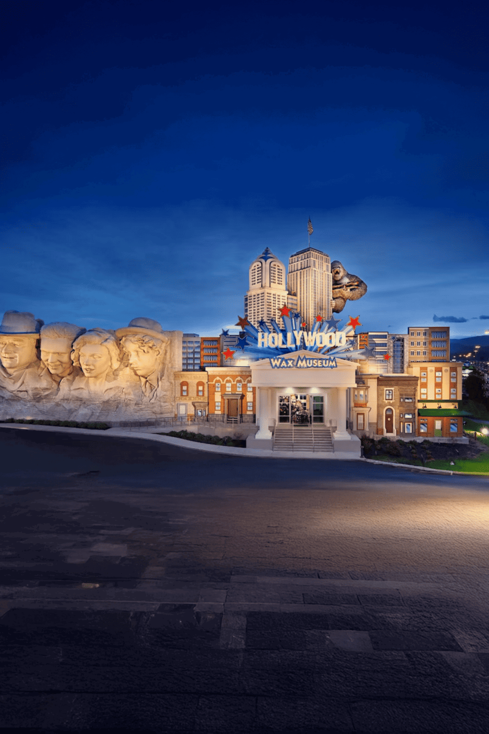 Vintage Hollywood Wax Museum with iconic landmarks and cityscape backdrop, ideal for entertainment and tourist attraction SEO.