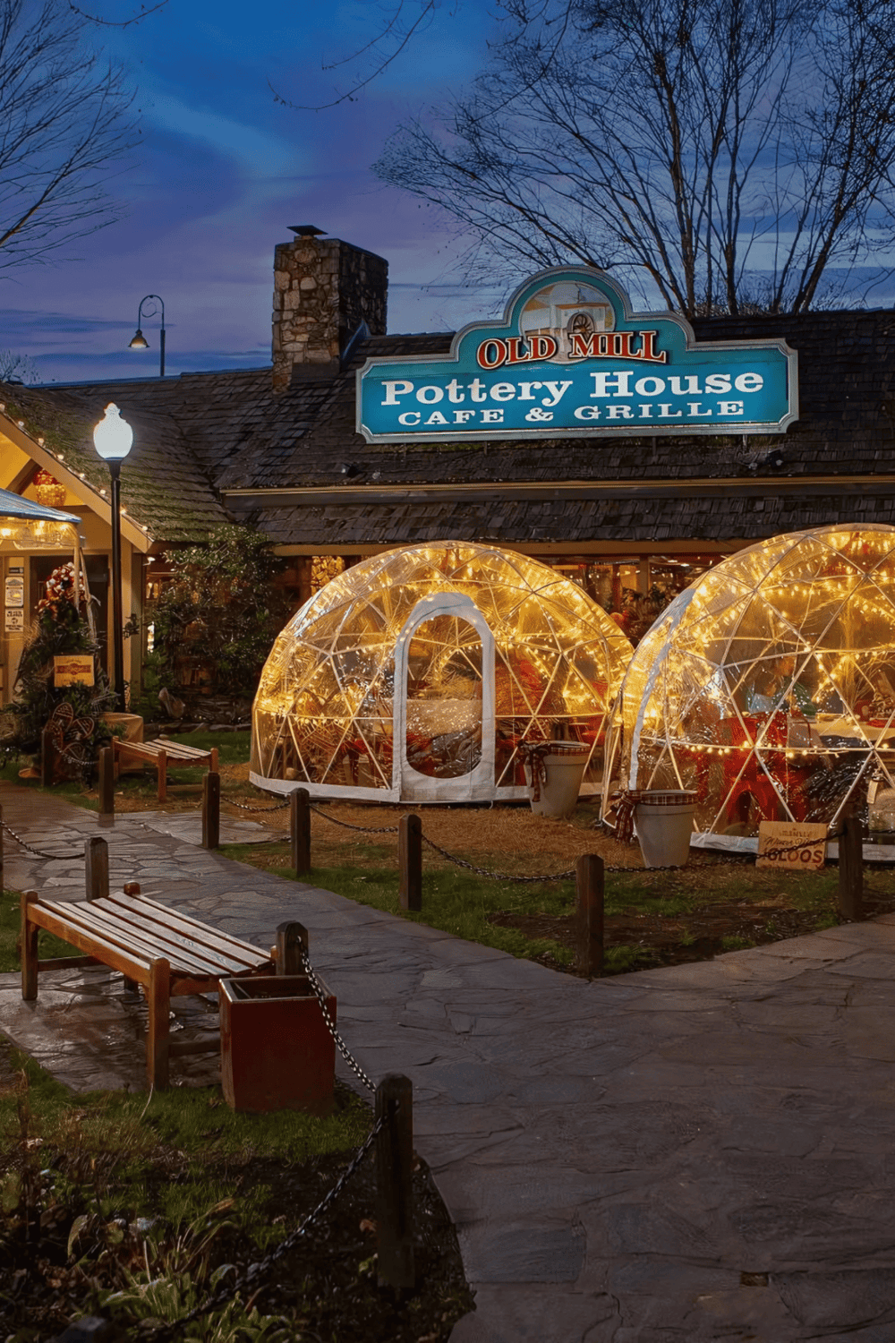 Cozy Pottery House Cafe & Grille with illuminated igloo seating, charming outdoor ambiance, perfect for dining and gatherings.
