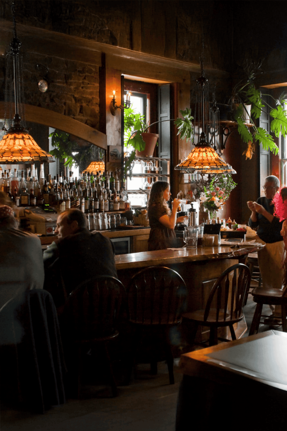Cozy bar interior with warm lighting, lush green plants, and a lively social atmosphere at QuestForDirections.