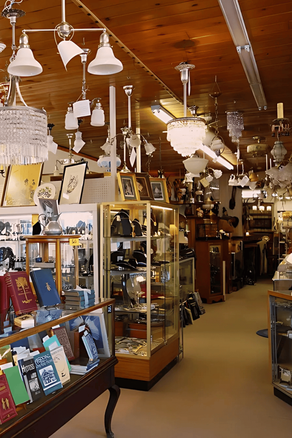 Elegant vintage lighting and home decor store showcasing chandeliers and lamps.