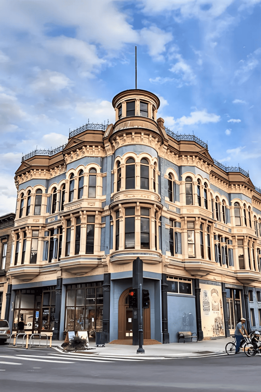 Unique historic building with ornate architecture and vibrant blue exterior in downtown cityscape.