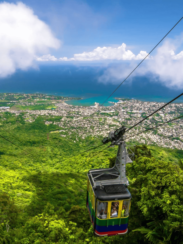 Vibrant cable car ride over lush green tropical forest with city and ocean view in the background.