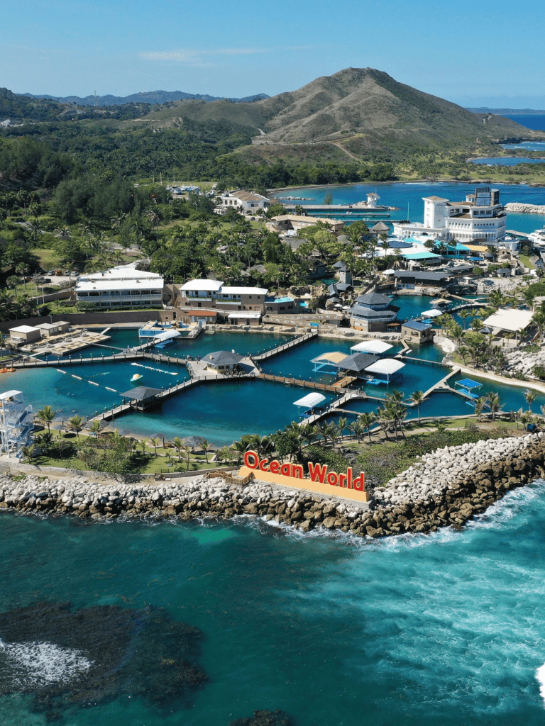 Bright oceanic water surrounds Ocean World amusement park with water slides and marine exhibits.