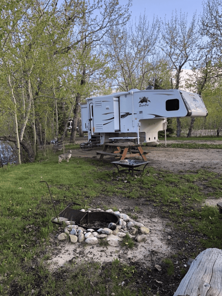 RV campsite with a fire pit and picnic table surrounded by trees, perfect for outdoor adventures.