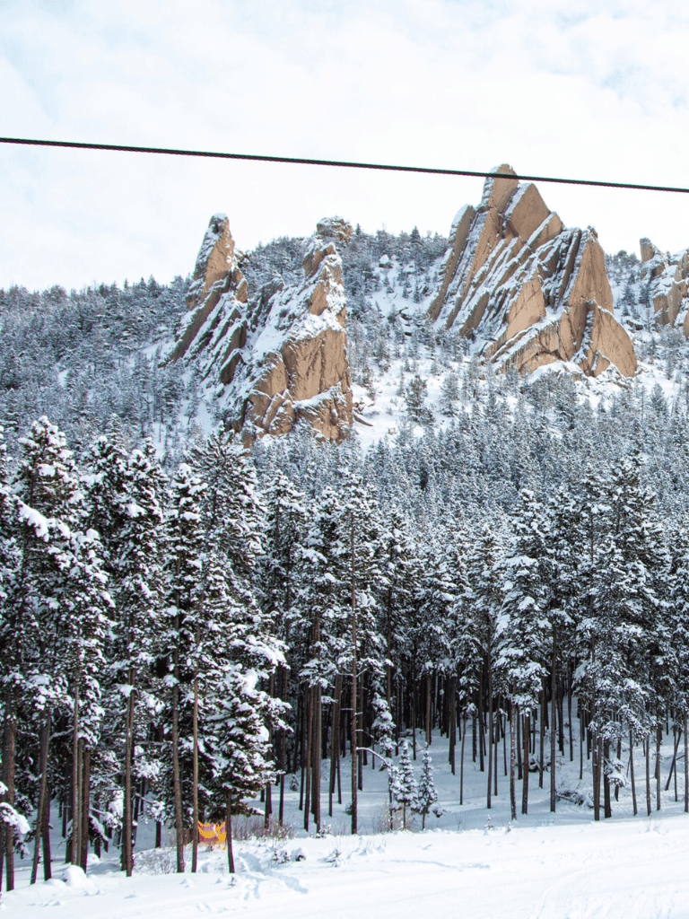 Snow-covered mountain peaks with dense evergreen forest in Colorado landscape.