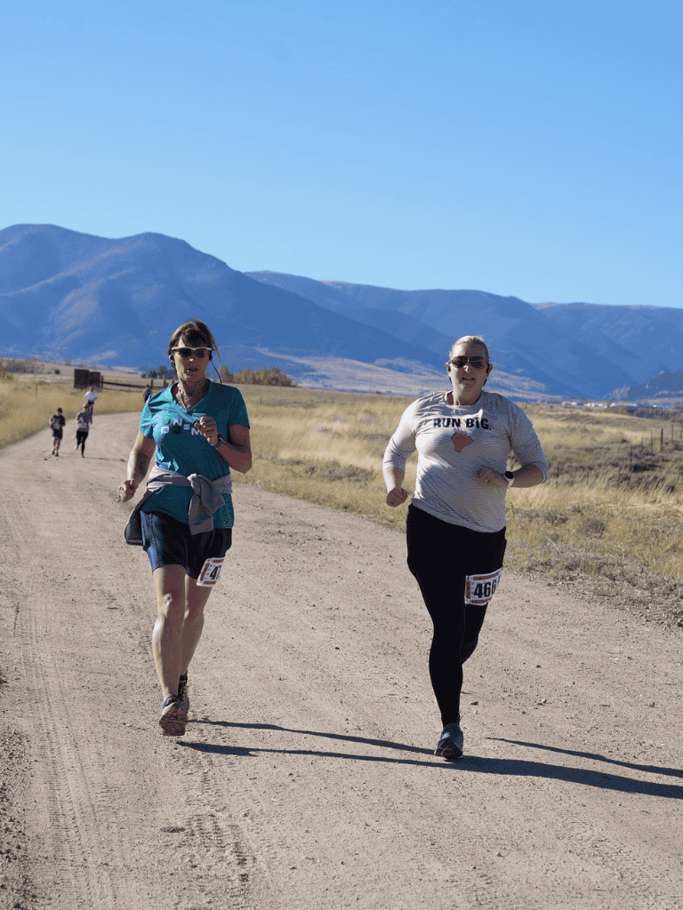 Runners participating in a trail race in a scenic mountainous area with clear skies.