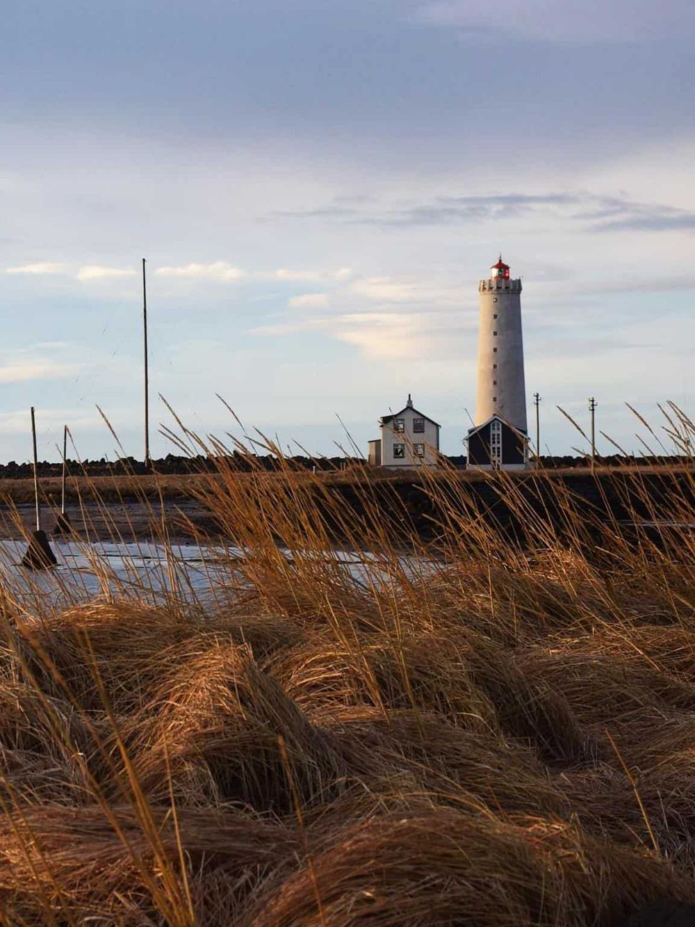 Lighthouse on coastline with grassy foreground, symbolizing navigation and travel.