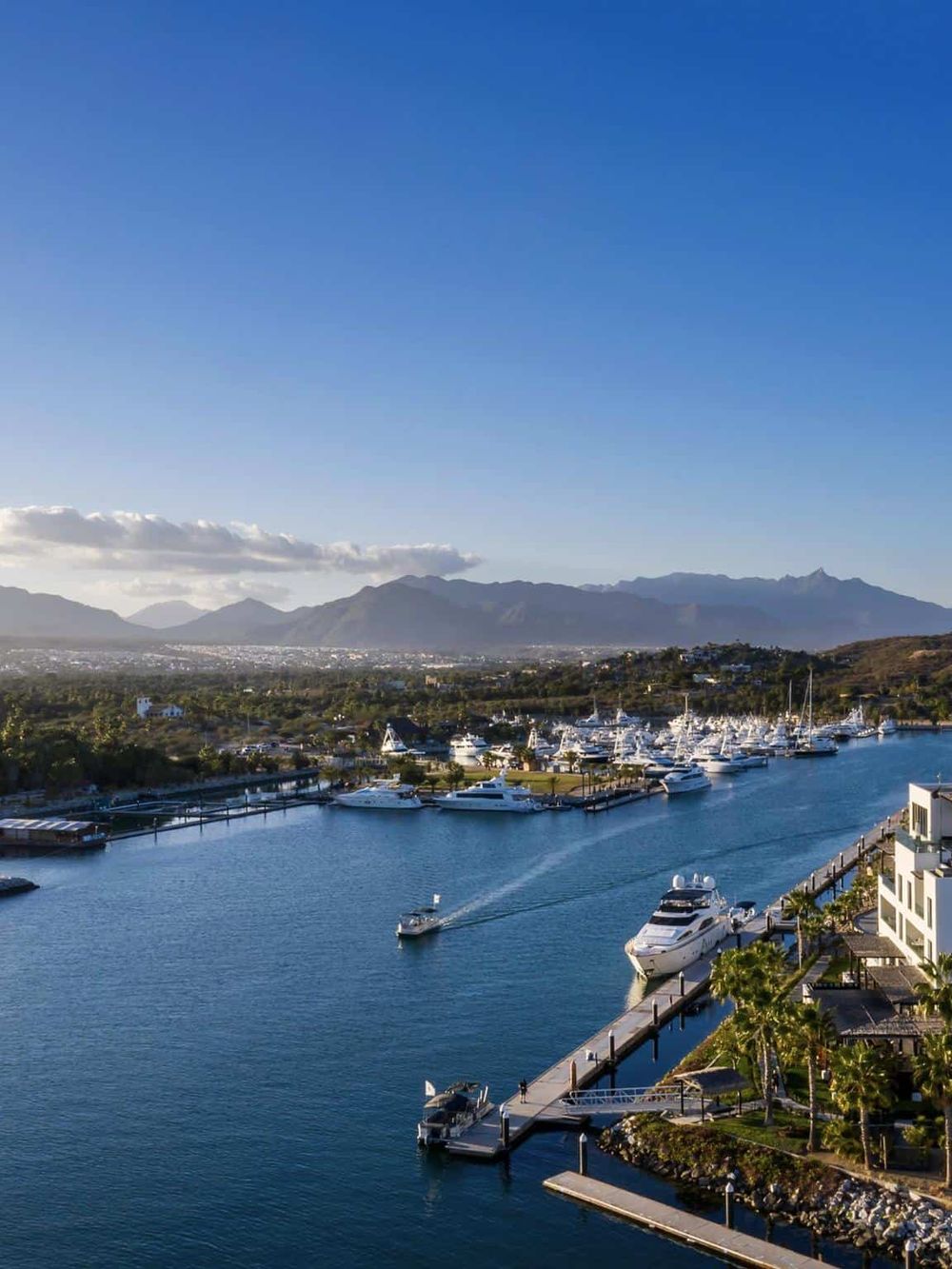 Luxury marina with yachts and boats under clear blue sky, scenic mountain view in background.