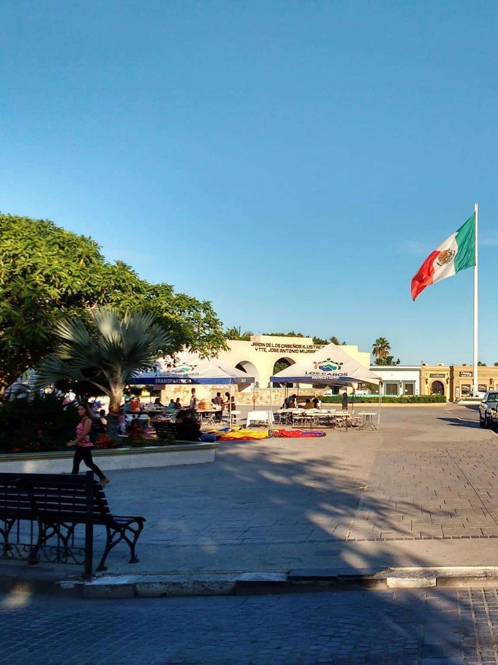 Colorful outdoor market in Los Cabos with a Mexican flag, trees, and tents, perfect for tourist exploration and local shopping.