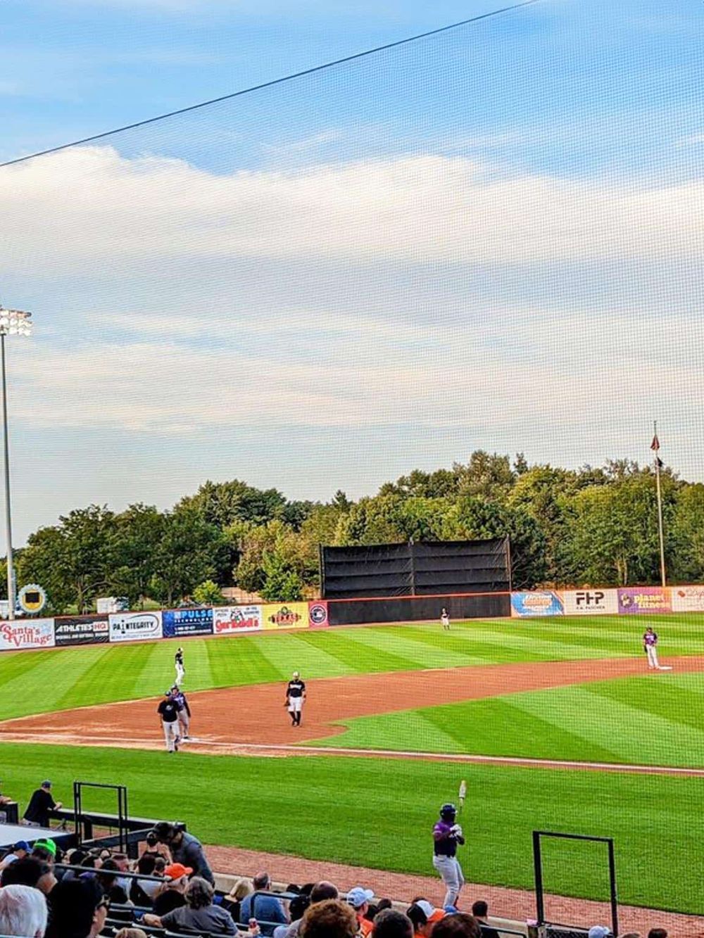 Vibrant baseball stadium with players on the field, cheering crowd, lush green grass, and clear sky overhead.