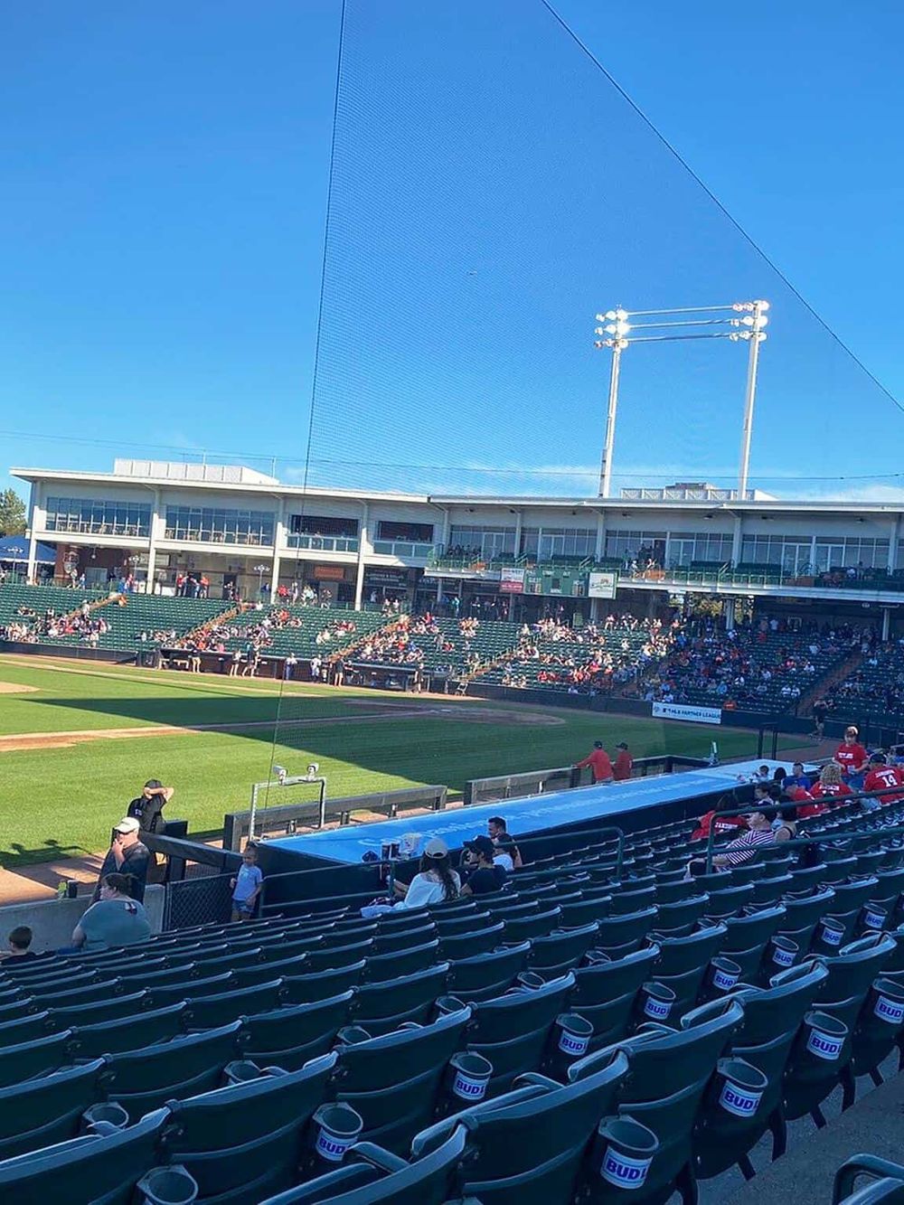 Sunny baseball stadium with fans, players, and a clear blue sky, perfect for a family-friendly sports event.