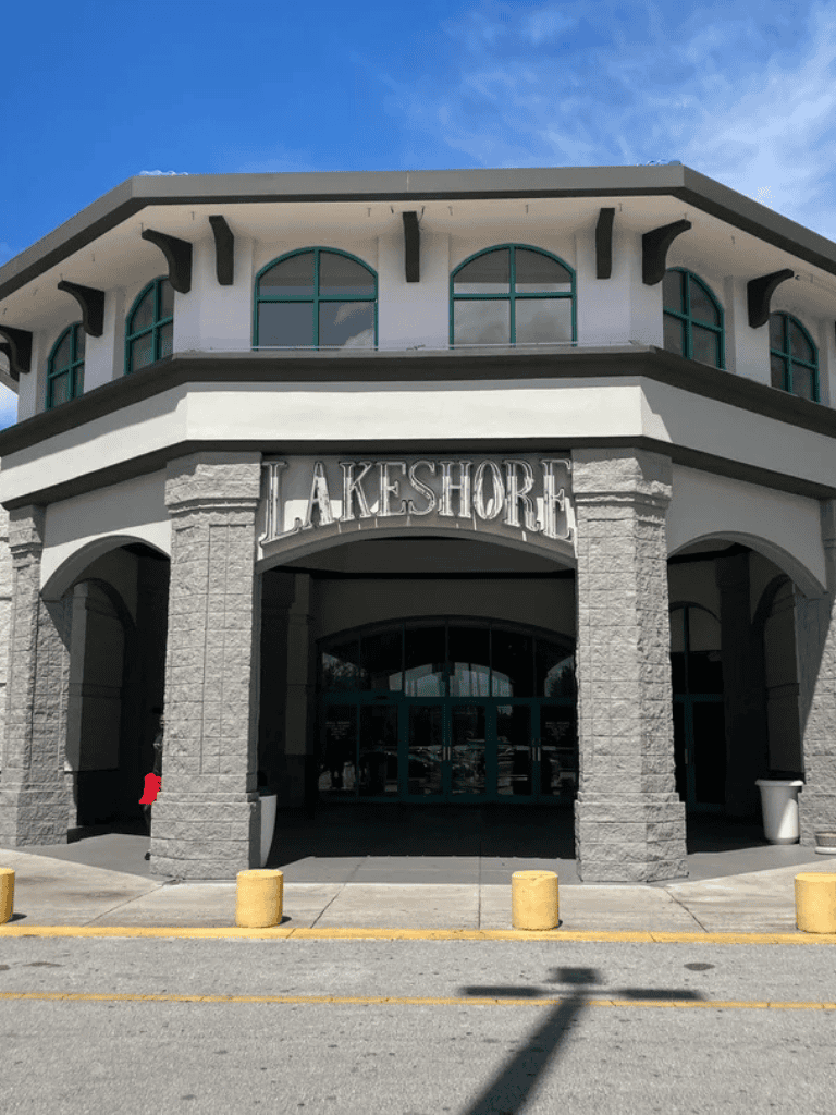 Lakeshore shopping center exterior with modern architecture and clear signage.