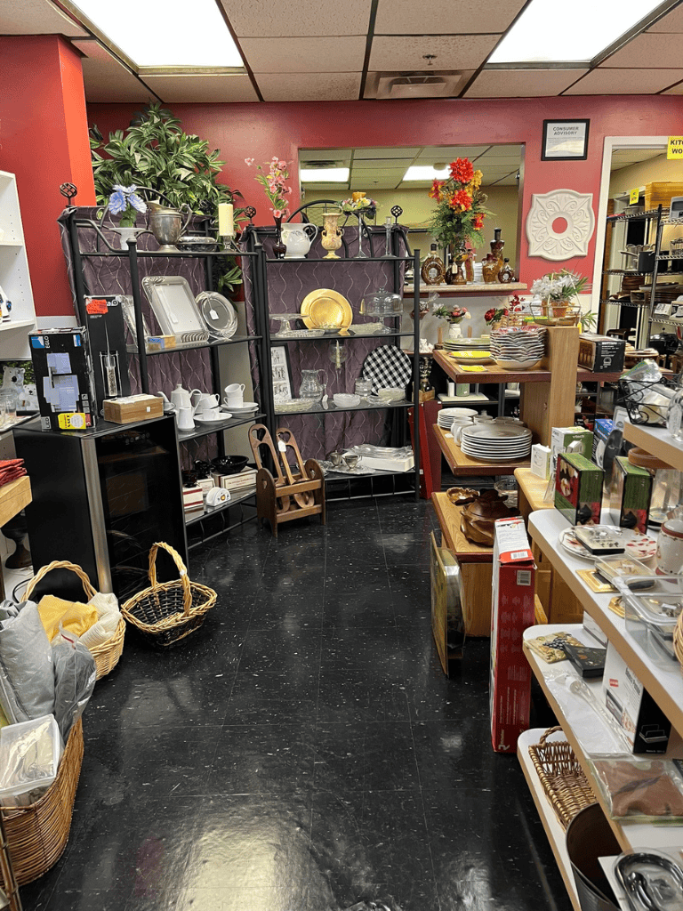 Vintage home decor and kitchenware at QuestForDirections thrift store, perfect for home renovation projects.