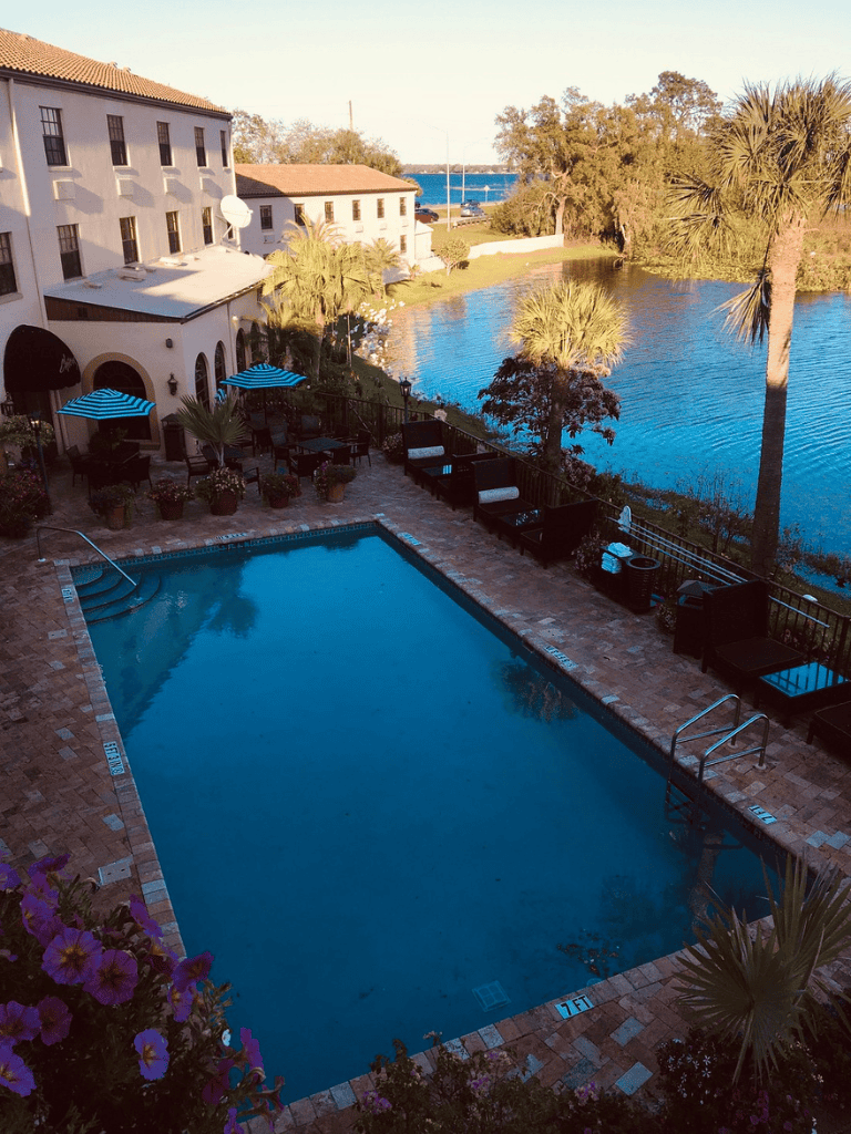 Relaxing hotel pool overlooking a serene lake with lush greenery and palm trees.