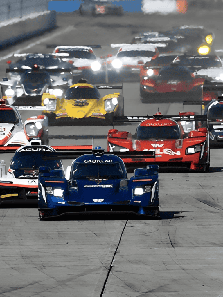 High-speed race cars on a track at sunset, showcasing professional motorsport racing and automotive performance.
