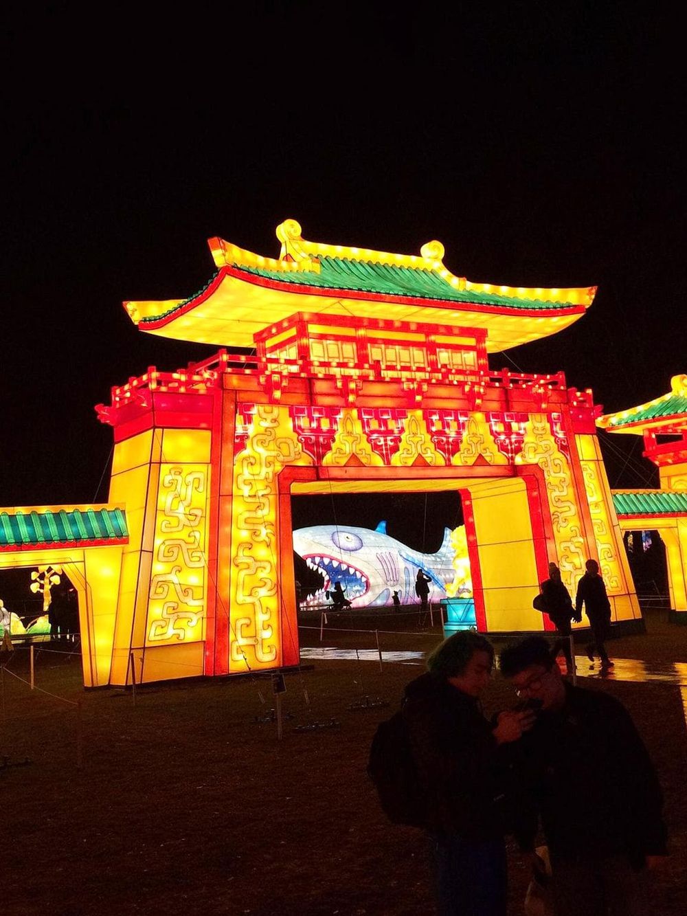Vibrant illuminated lantern display featuring traditional Chinese architecture and a large shark sculpture at night.